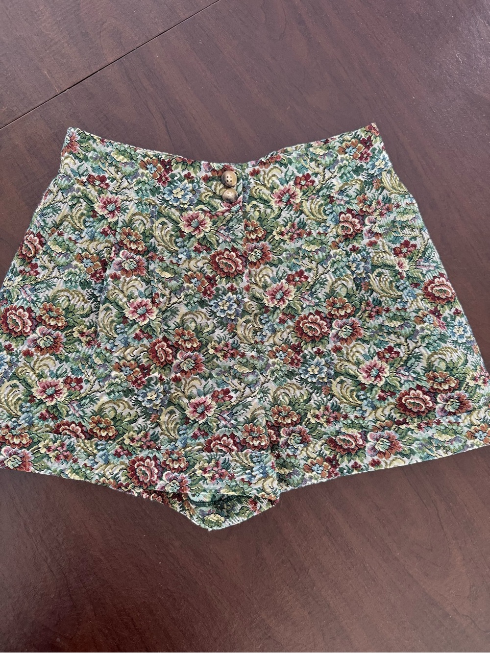 Sezane Floral Tapestry High-Waist Shorts - Green, Red, Cream